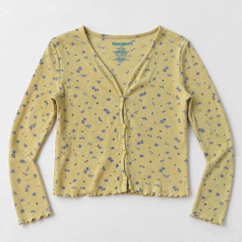 Thereabouts Girls L 14 Yellow Blue Floral Ribbed Button Cardigan Cottagecore